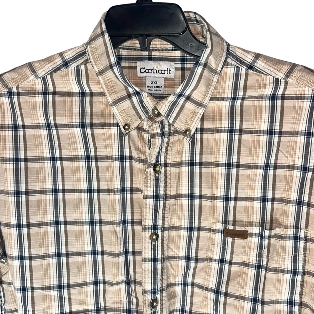 Carhartt Mens 2XL Plaid Button Up Short Sleeve Shirt Beige Blue Cotton - Picture 6 of 11